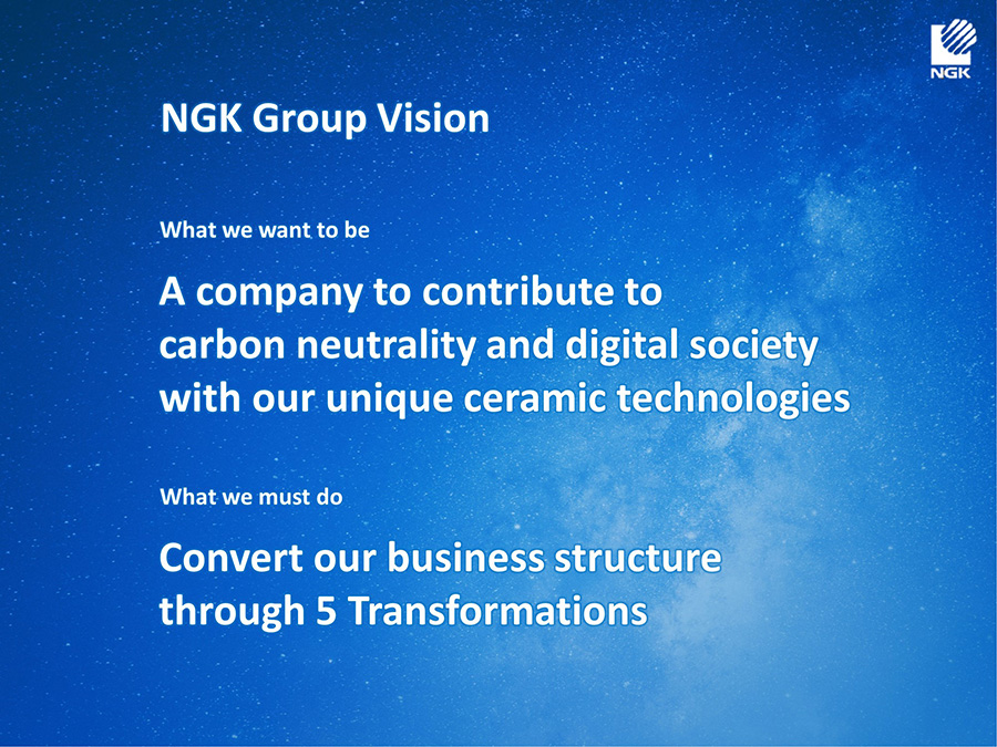 NGK Group Vision is to define 'what we want to be' and 'what we must do'.