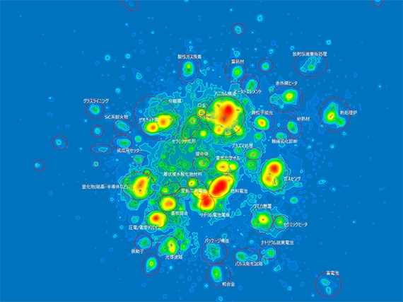 This figure illustrates the IP landscape. It visualizes the distribution of all patent applications, with the red areas showing where multiple patents overlap.