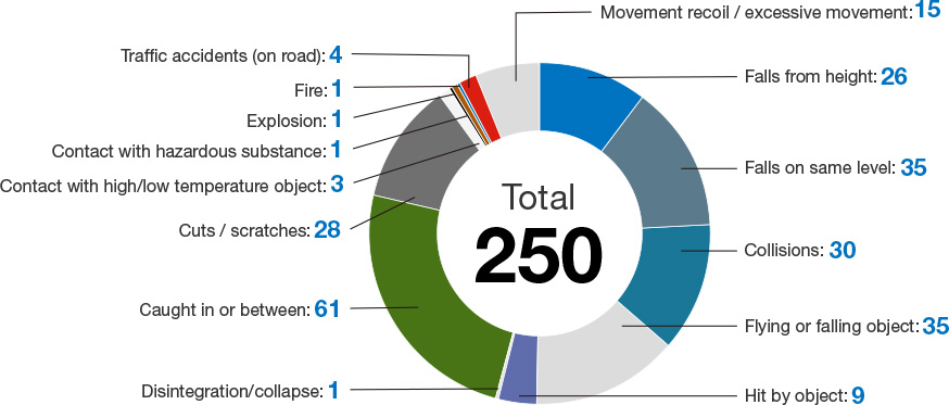 This pie chart shows the number of work-related accidents which were at least as serious as accidents not requiring staff time off from work for the past seven years. Of the combined 250 cases in the Group, the greatest number, 61, were being caught and entangled in equipment.